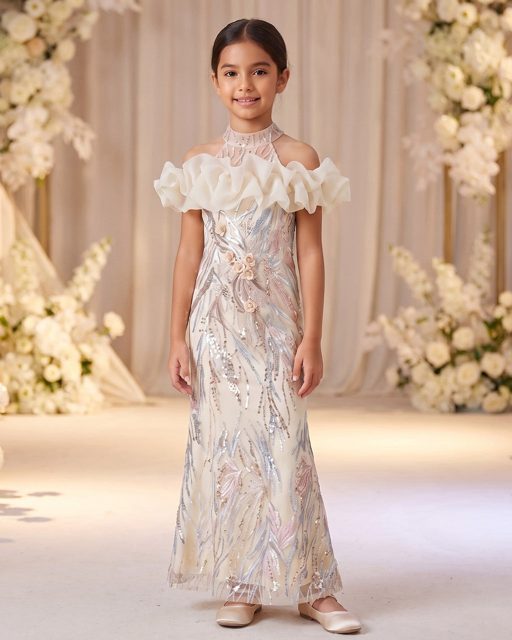 Sequin Ruffle Neck Gown in Champagne – lifestyle photo 3