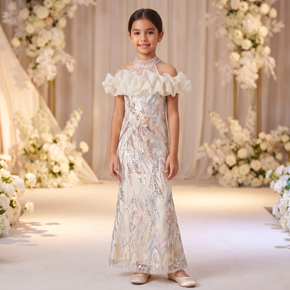 Sequin Ruffle Neck Gown in Champagne – lifestyle photo 3