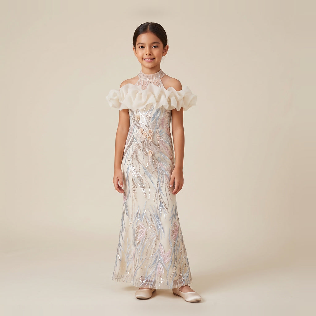 Sequin Ruffle Neck Gown in Champagne – front view