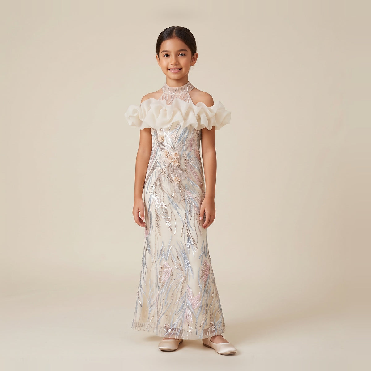 Sequin Ruffle Neck Gown in Champagne – front view