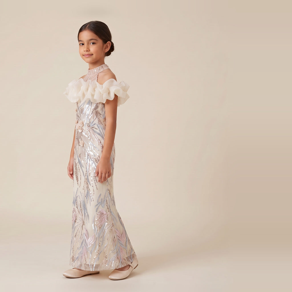 Sequin Ruffle Neck Gown in Champagne – side view