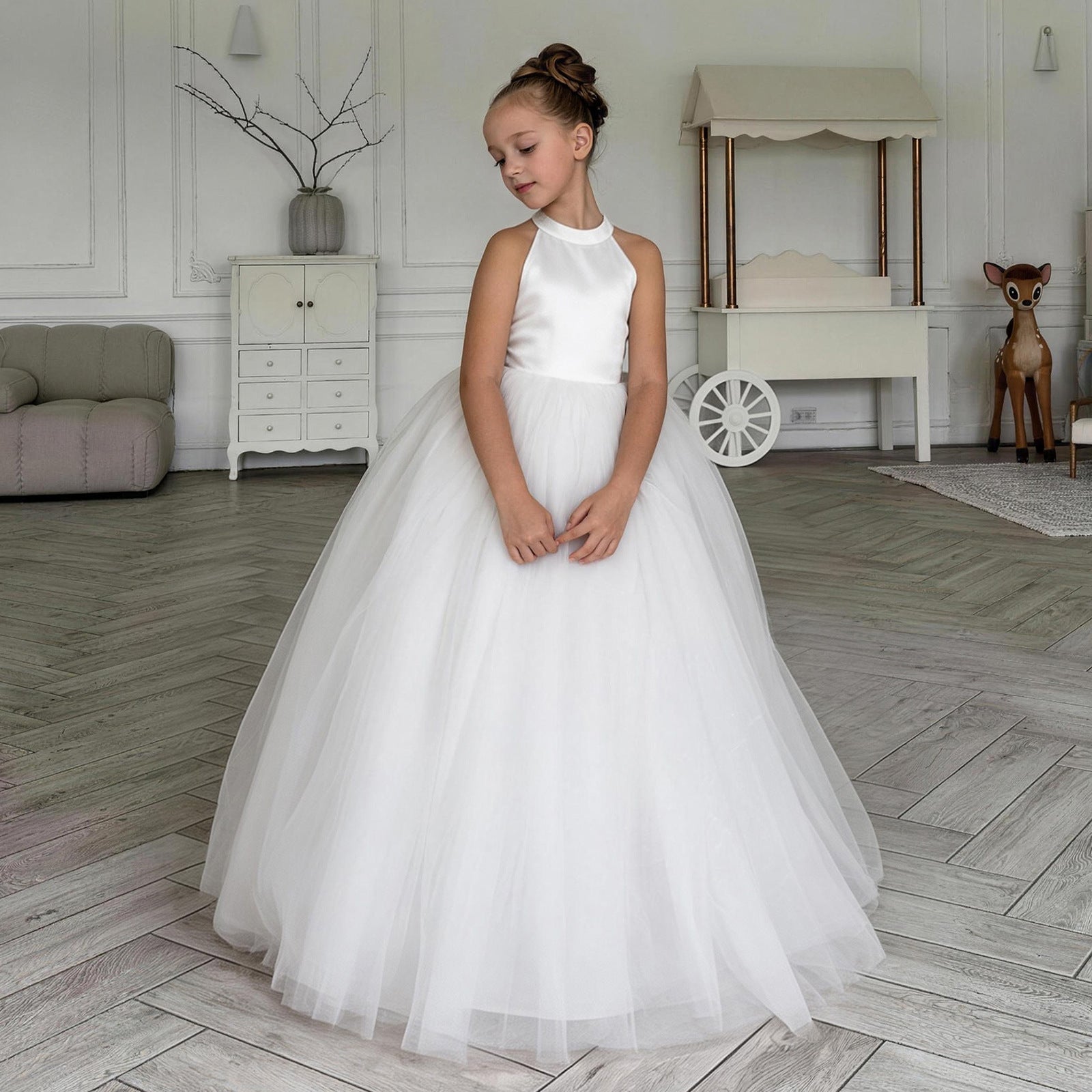 White bow accent flower girl wedding dress