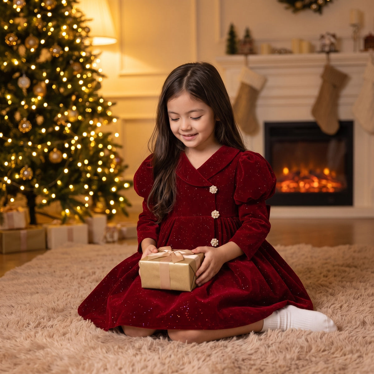 Girl in a burgundy velvet puff sleeve dress holding a gift by the Christmas tree on Christmas Eve.