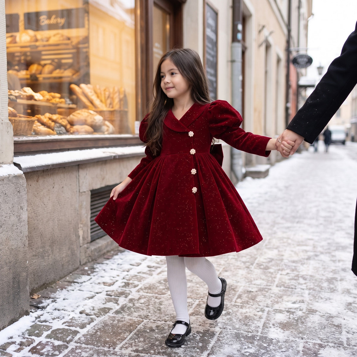 Girl in a burgundy sparkle velvet holiday dress walking down a snowy street with a full pleated skirt.