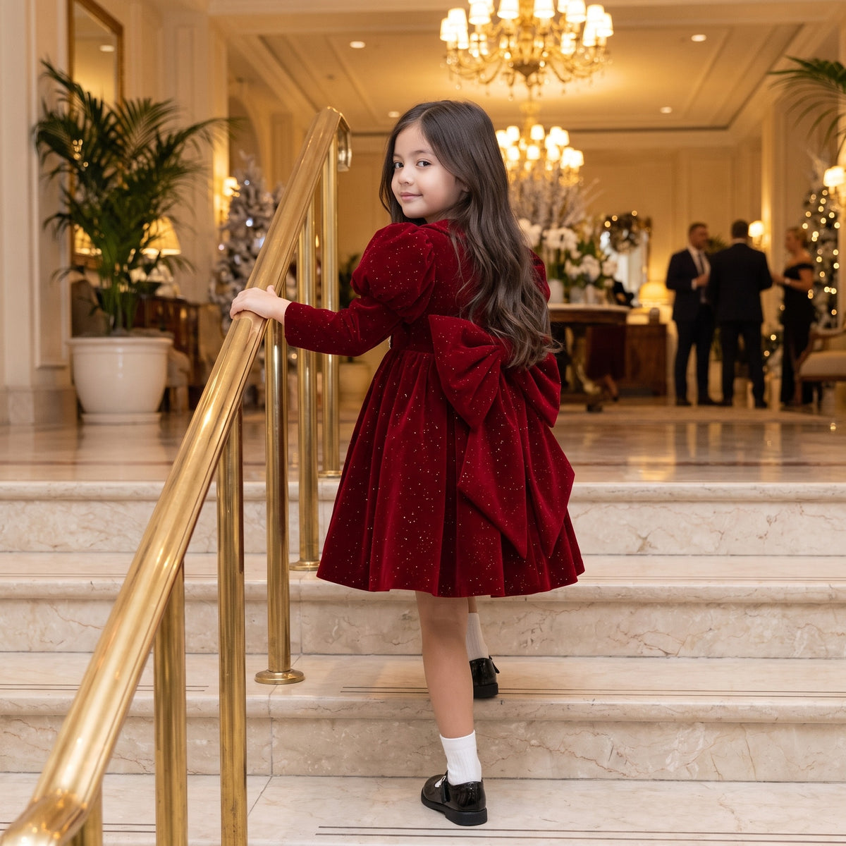 Flower girl in a burgundy velvet dress with a big back bow on a hotel staircase at a winter wedding.