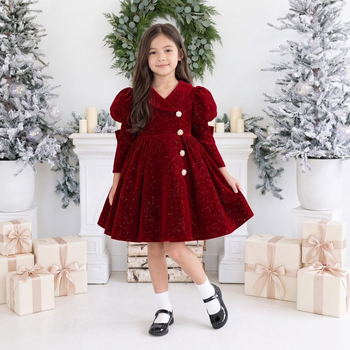 Burgundy sparkle velvet girls Christmas dress with puff sleeves, a wide V collar and pearl flower buttons, worn in a Christmas studio.