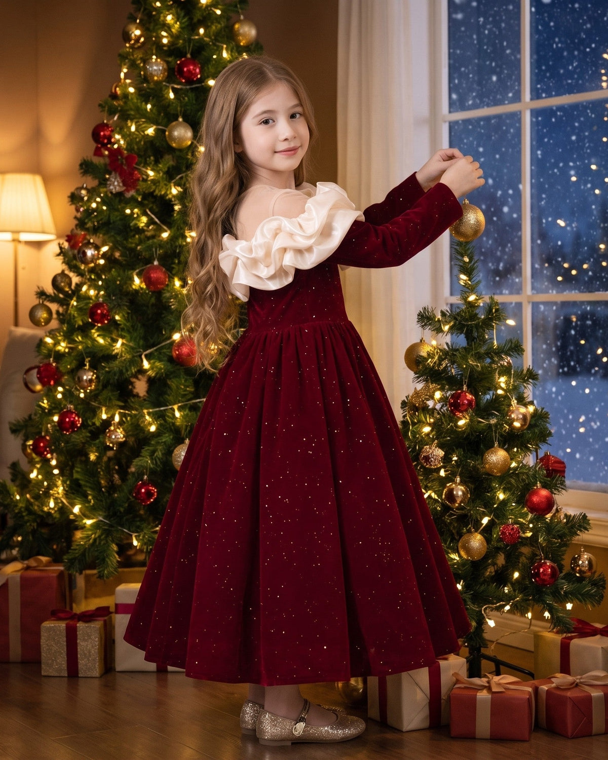 Girl in a red velvet Christmas dress hanging an ornament on the Christmas tree on Christmas Eve