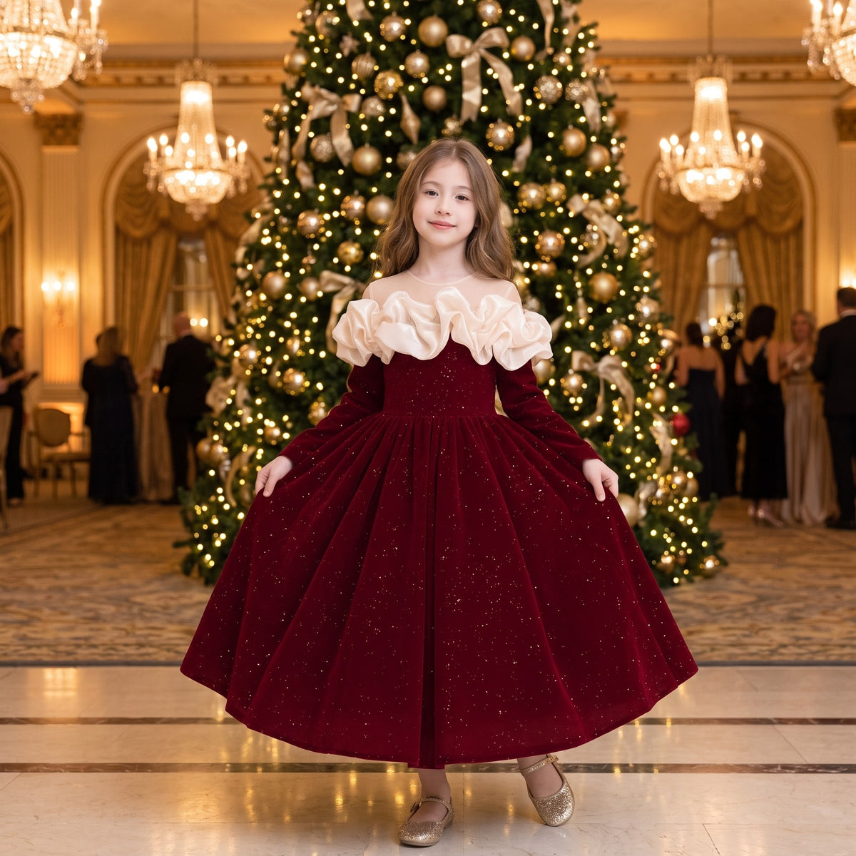 Girl curtsying in a red sparkle velvet gown in front of a giant Christmas tree at a holiday gala