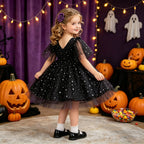 Black tulle girls dress with silver star print and sheer flutter sleeves, designed for Halloween parties, view 3