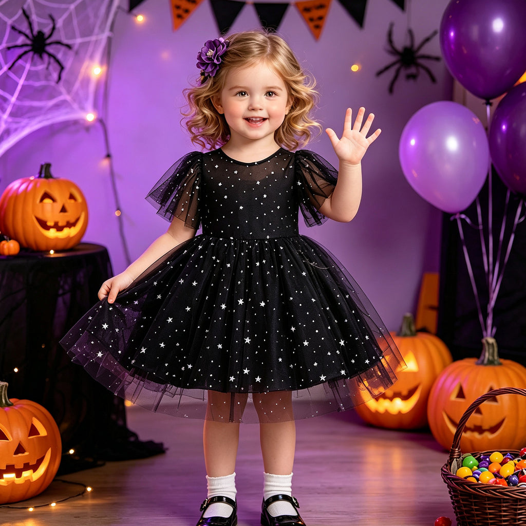 Black tulle girls dress with silver star print and sheer flutter sleeves, designed for Halloween parties.