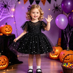 Black tulle girls dress with silver star print and sheer flutter sleeves, designed for Halloween parties.