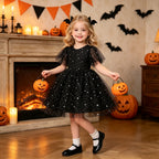 Black tulle girls dress with silver star print and sheer flutter sleeves, designed for Halloween parties, view 2