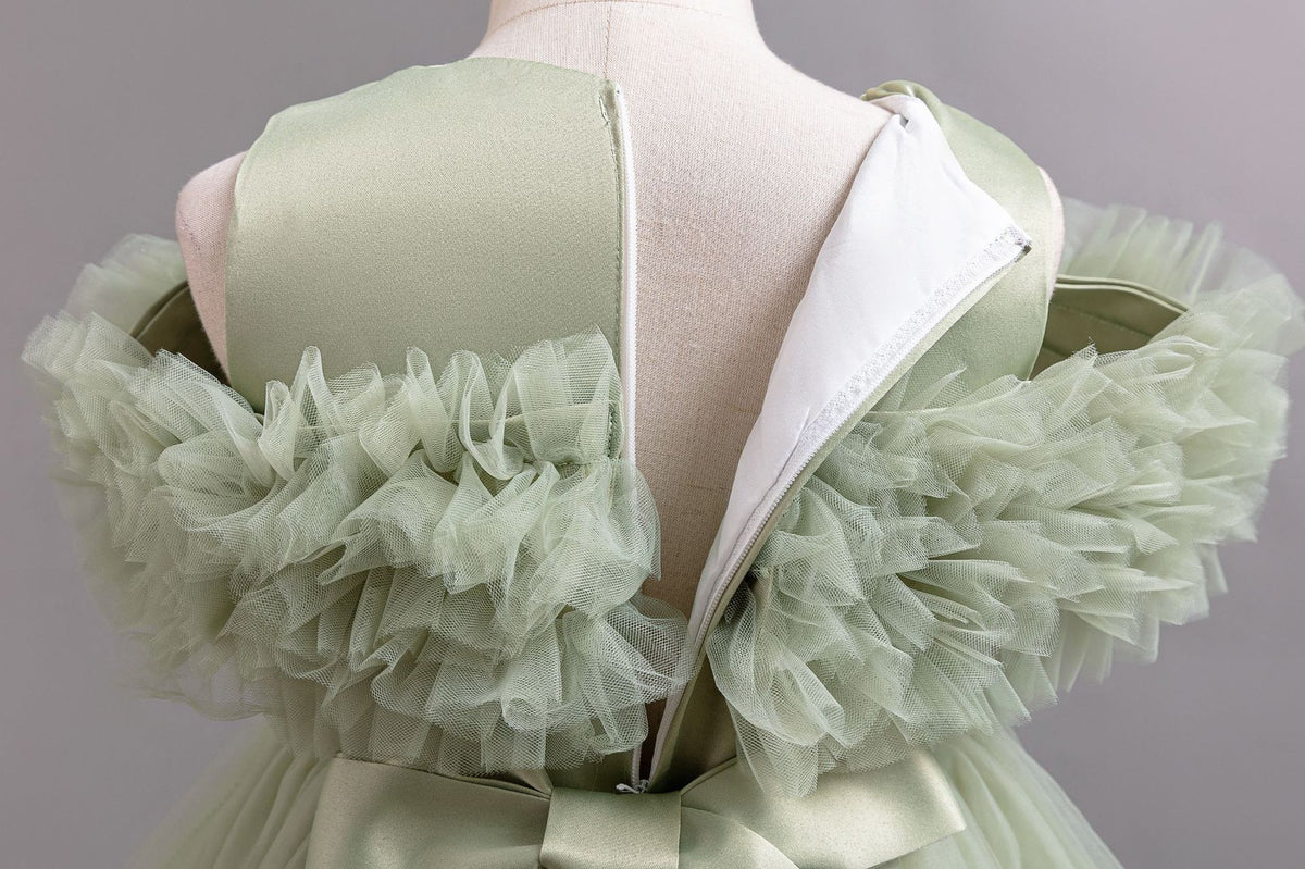 Sage Green tulle girls ball gown back zipper and satin bodice detail, designed for flower girls and weddings.
