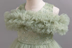 Sage Green tulle girls ball gown with ruffled off-shoulder band and embroidered lace waist, designed for flower girls and weddings.