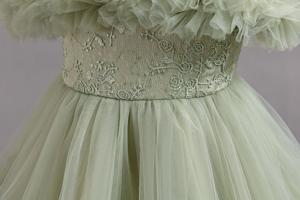 Sage Green tulle girls ball gown lace waist and skirt close-up, designed for flower girls and weddings.