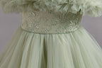 Sage Green tulle girls ball gown lace waist and skirt close-up, designed for flower girls and weddings.