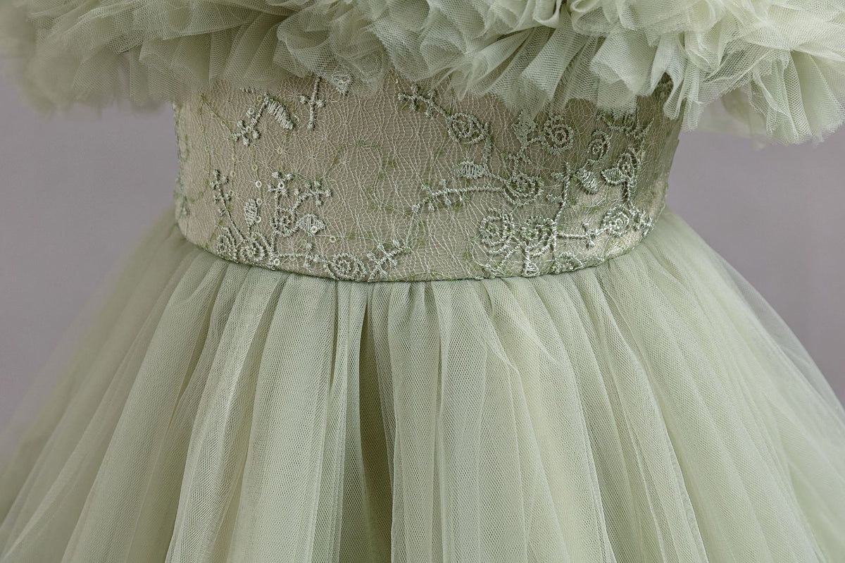 Sage Green tulle girls ball gown lace waist and skirt close-up, designed for flower girls and weddings.