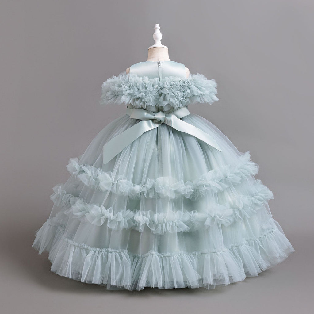 Dusty Blue tulle girls ball gown with satin back bow and tiered ruffle skirt, designed for flower girls and weddings.