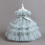 Dusty Blue tulle girls ball gown with satin back bow and tiered ruffle skirt, designed for flower girls and weddings.