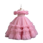 Pink tulle girls ball gown with ruffled off-shoulder band, lace waist and tiered ruffle skirt, designed for flower girls and weddings, view 2