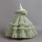 Sage Green tulle girls ball gown with ruffled off-shoulder band, lace waist and tiered ruffle skirt, designed for flower girls and weddings, view 2