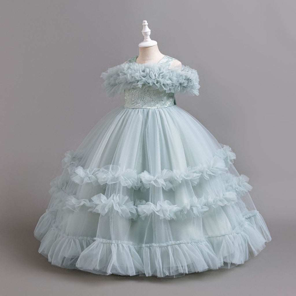 Dusty Blue tulle girls ball gown with ruffled off-shoulder band, lace waist and tiered ruffle skirt, designed for flower girls and weddings, view 2
