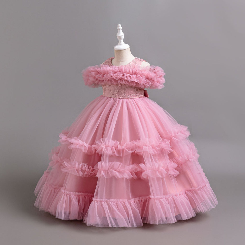 Mauve tulle girls ball gown with ruffled off-shoulder band, lace waist and tiered ruffle skirt, designed for flower girls and weddings.