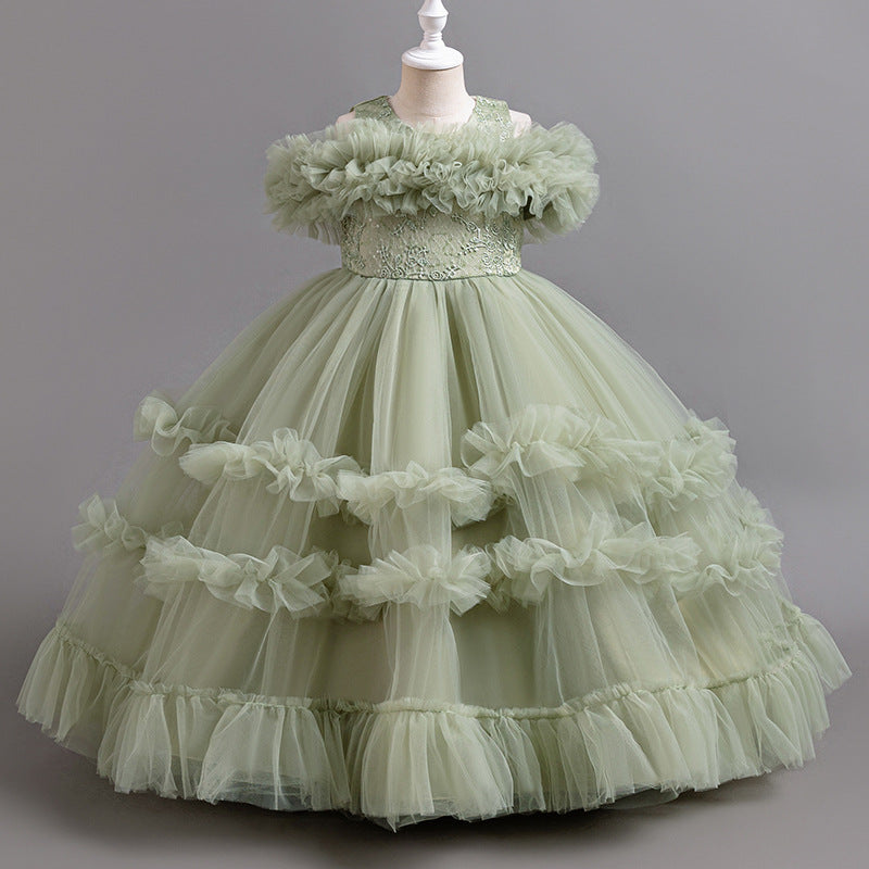 Sage Green tulle girls ball gown with ruffled off-shoulder band, lace waist and tiered ruffle skirt, designed for flower girls and weddings.