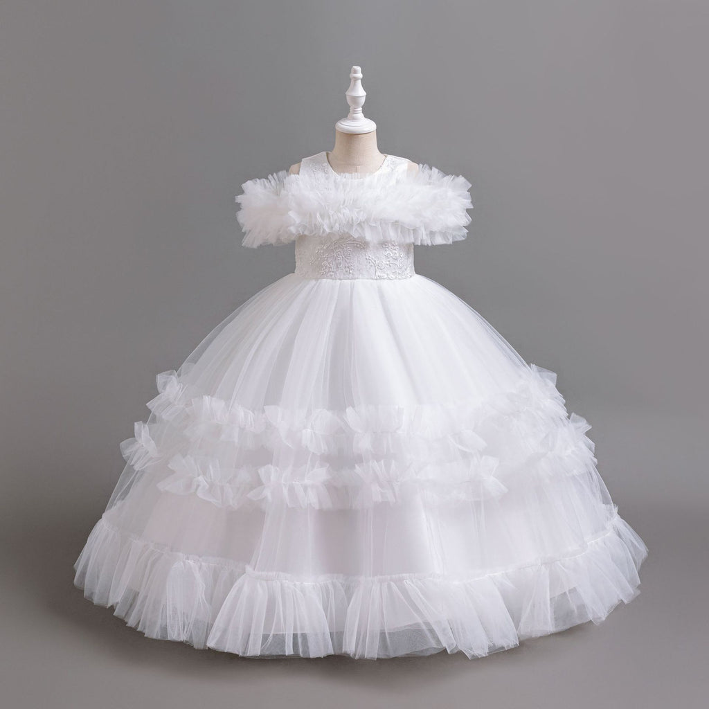 White tulle girls ball gown with ruffled off-shoulder band, lace waist and tiered ruffle skirt, designed for flower girls and weddings.