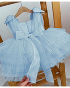 Light blue tulle princess dress for girls showing the back zip and the organza sash bow.