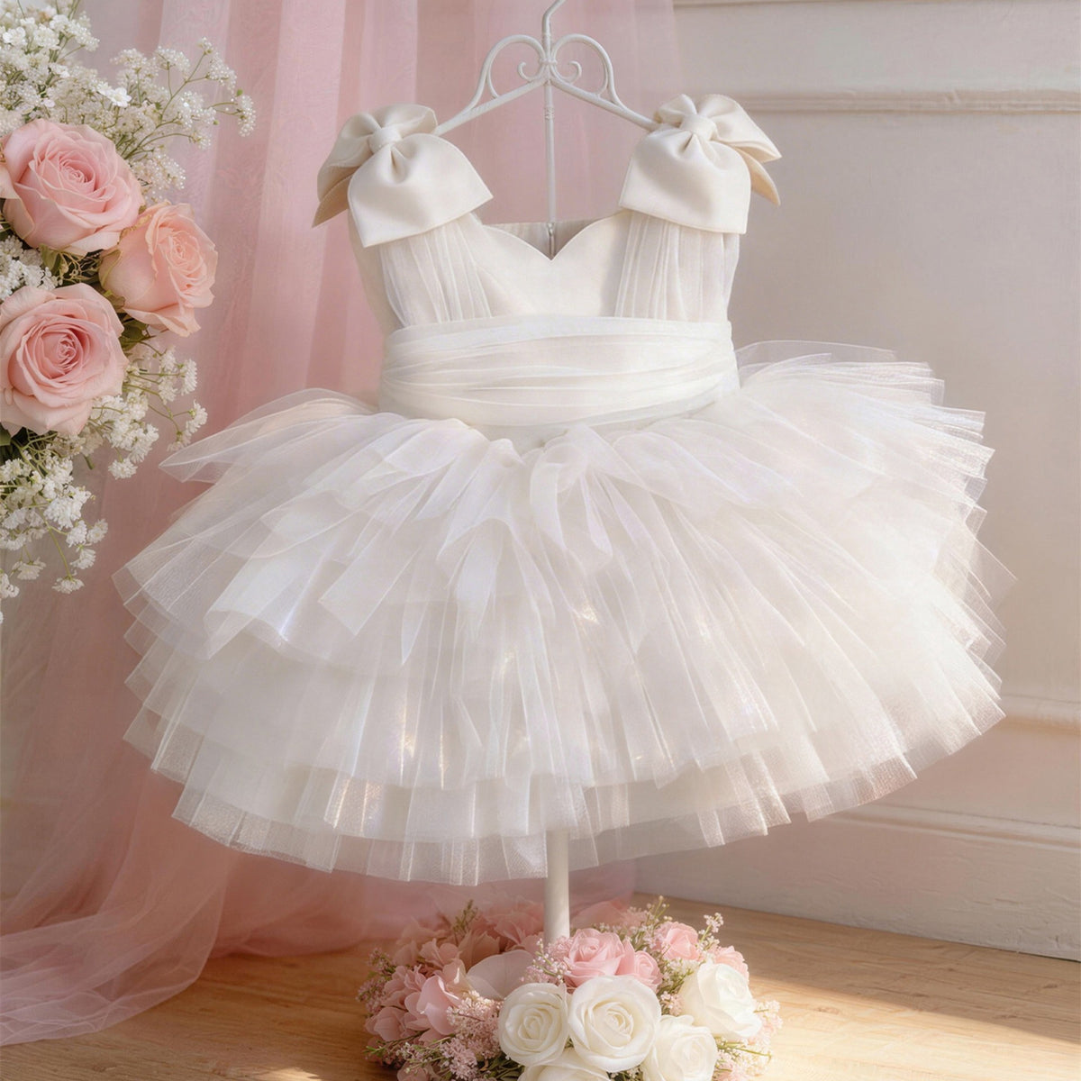 White dress for girls in tulle with bow straps and a layered tutu skirt, front view, for flower girl duties.