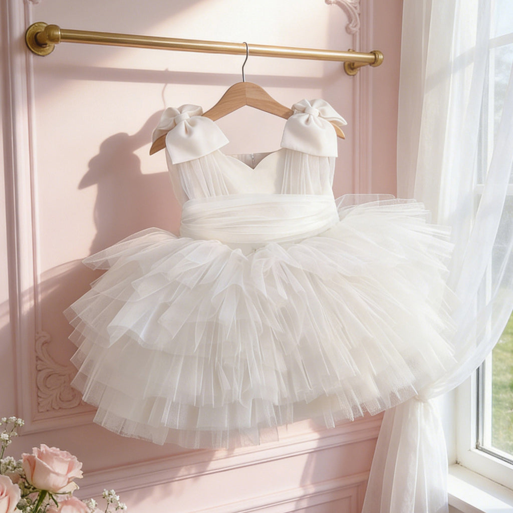 White tulle flower girl dress hanging on a gold rail against a pink wall, view 2.