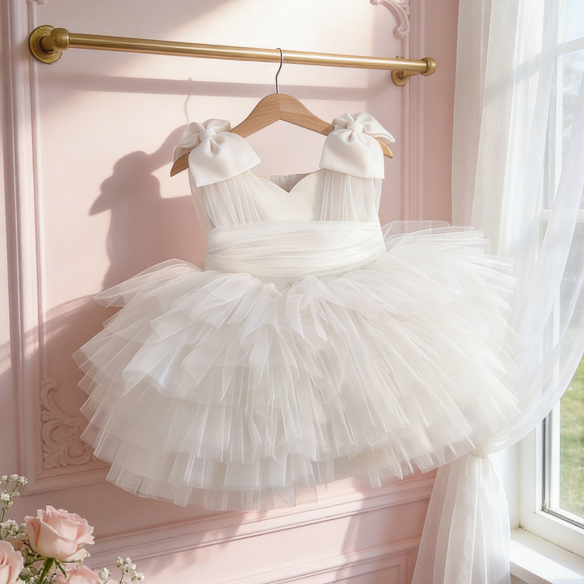 White tulle flower girl dress hanging on a gold rail against a pink wall, view 2.