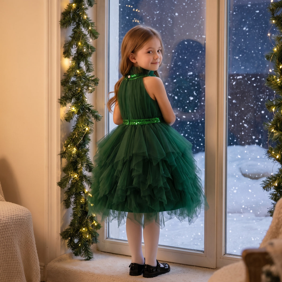 Girl in a dark green tiered tulle dress looking out at the snow from a window decorated with a garland.