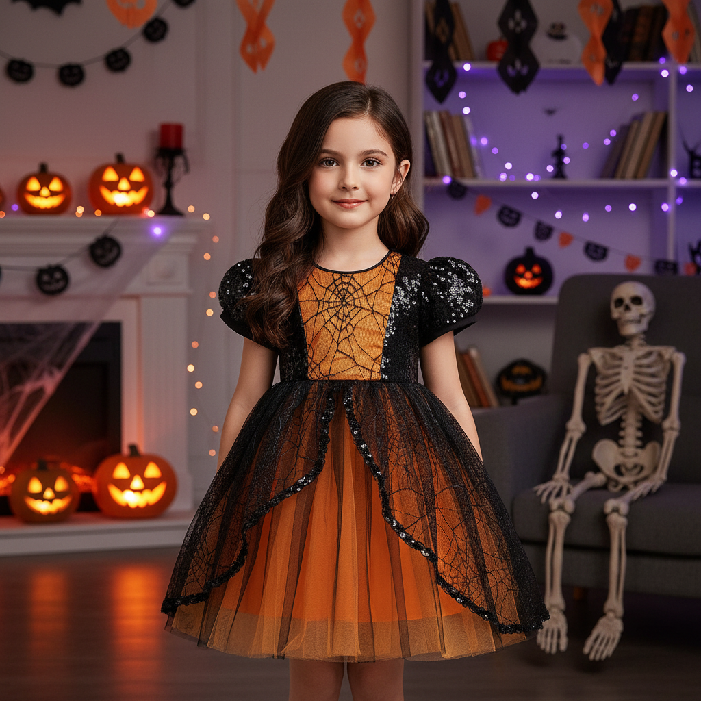 Harper girls spiderweb lace Halloween dress with puff sleeves