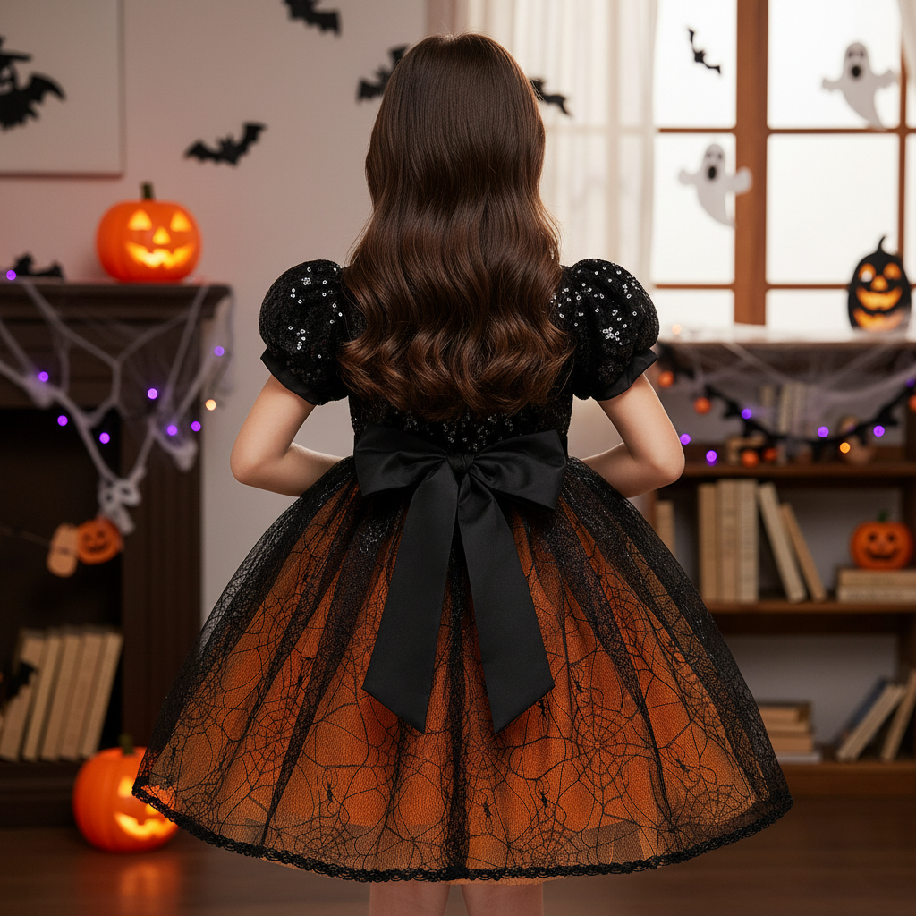 Harper girls spiderweb lace Halloween dress with puff sleeves