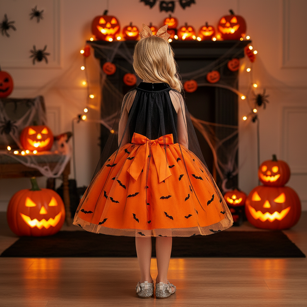 Sophia girls orange bat print Halloween dress with cape sleeves
