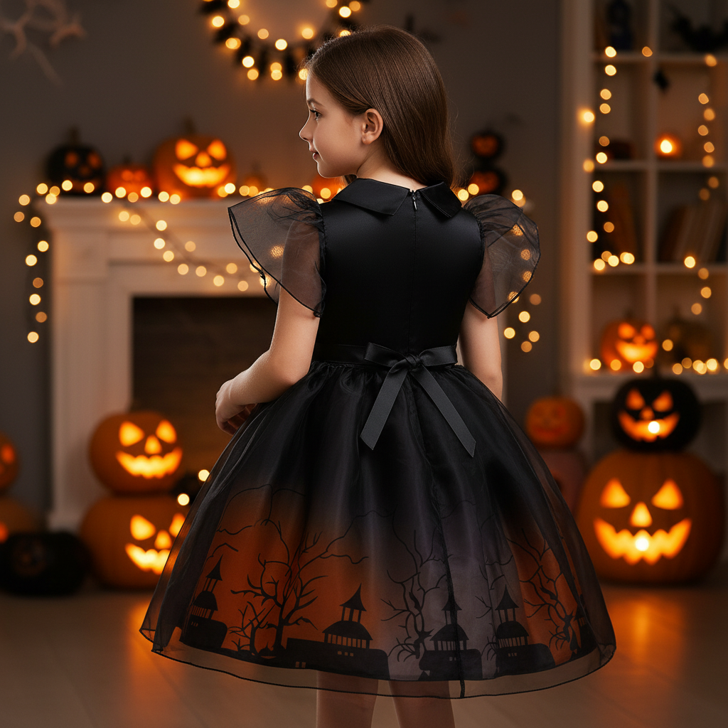 Amelia girls haunted house print Halloween dress with ombre tulle skirt