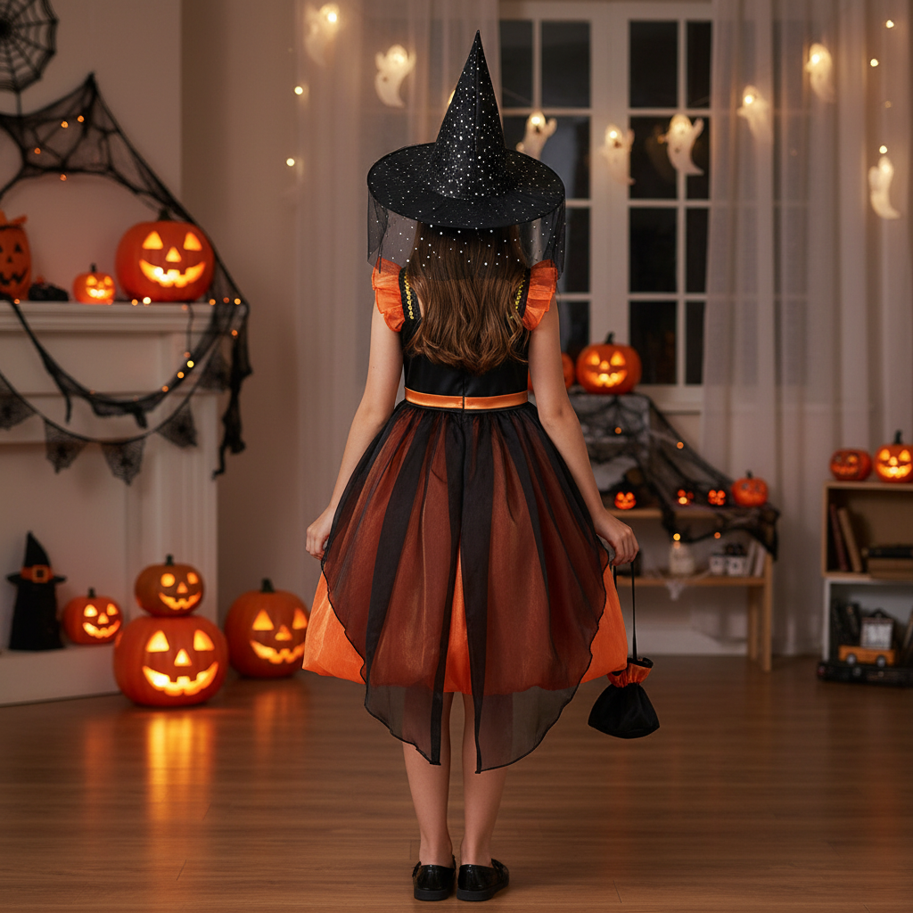 Evelyn girls witch Halloween costume dress with hat and pumpkin basket