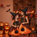 Evelyn girls witch Halloween costume dress with hat and pumpkin basket