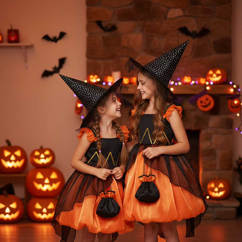 Evelyn girls witch Halloween costume dress with hat and pumpkin basket