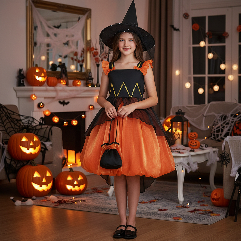 Evelyn girls witch Halloween costume dress with hat and pumpkin basket
