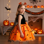 Sophia girls orange bat print Halloween dress with cape sleeves