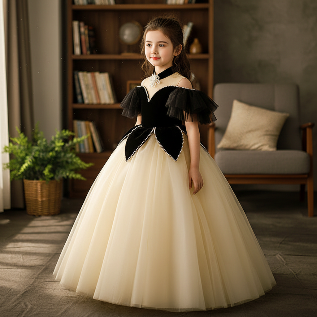 Champagne feather-sleeve princess runway dress for girls