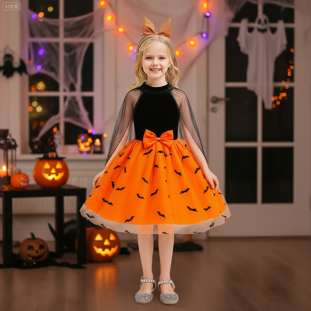 Sophia girls orange bat print Halloween dress with cape sleeves