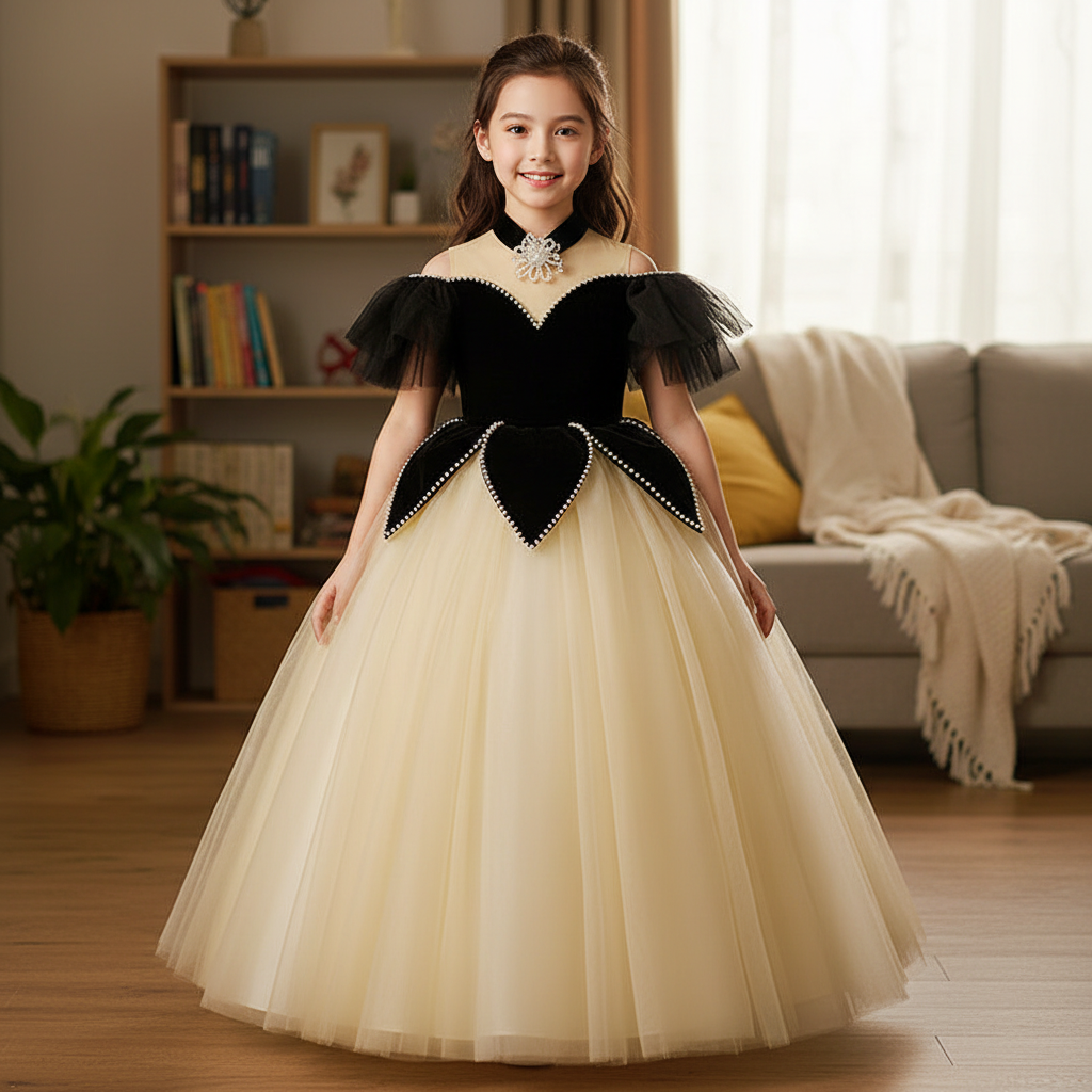 Champagne feather-sleeve princess runway dress for girls