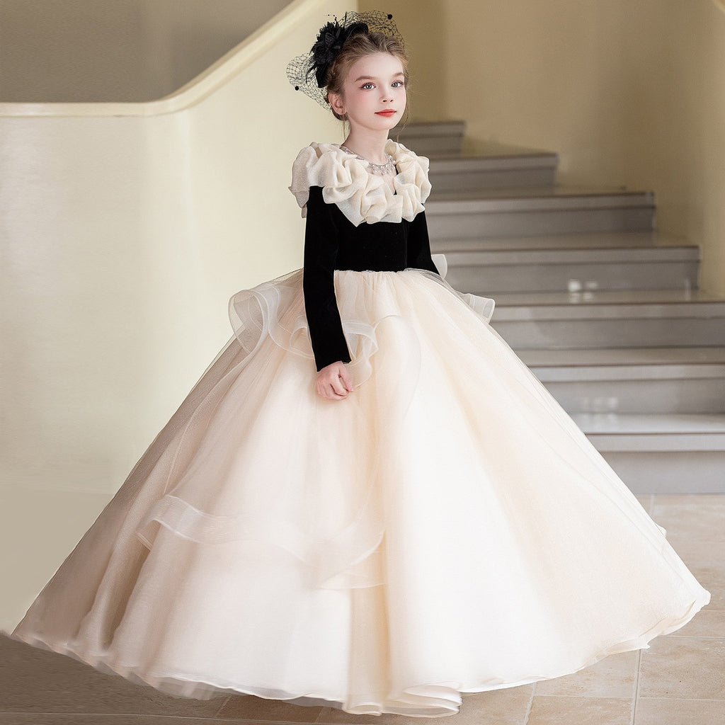 Champagne organza girls formal dress showing the layered skirt, side view 2.