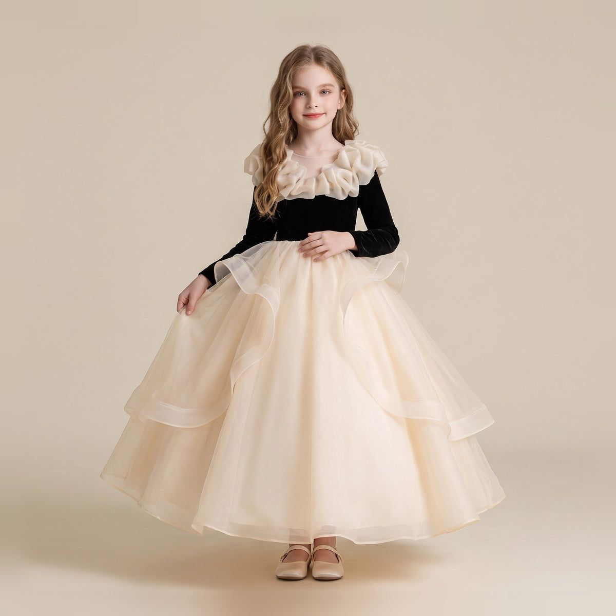 Velvet Bodice Organza Ball Gown in Champagne – front view