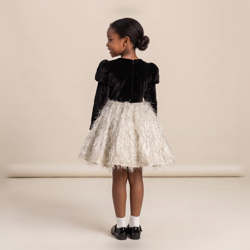 Velvet Bow Tassel Tutu Dress in Black – back view
