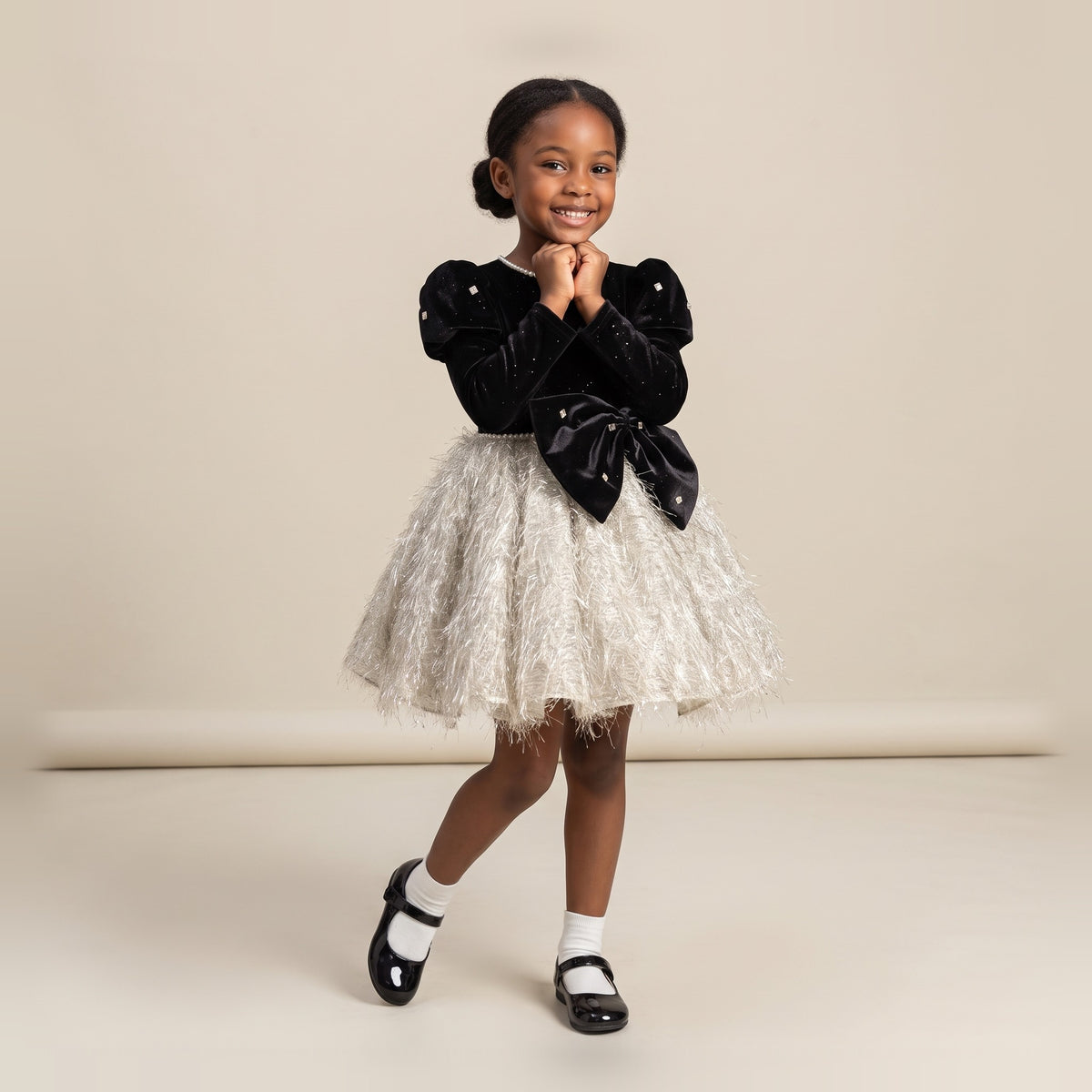 Velvet Bow Tassel Tutu Dress in Black – front view